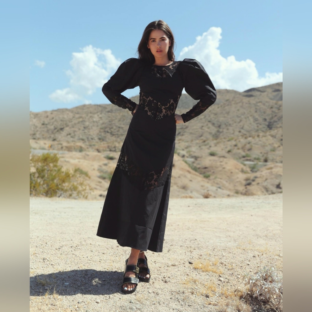 H&M Dress Black Maxi Conscious Lace Trim Goth Whimsigoth Puff Sleeve Size S